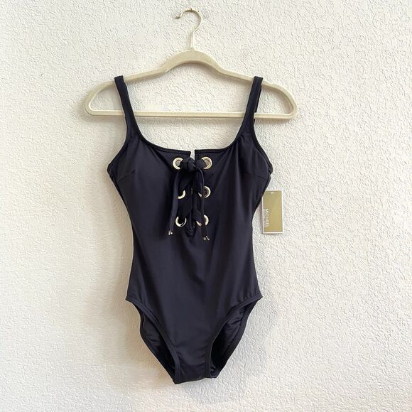NEW MICHAEL Michael Kors Black Lace Up One Piece Swimsuit Size 6 MSRP $124 - Picture 1 of 10